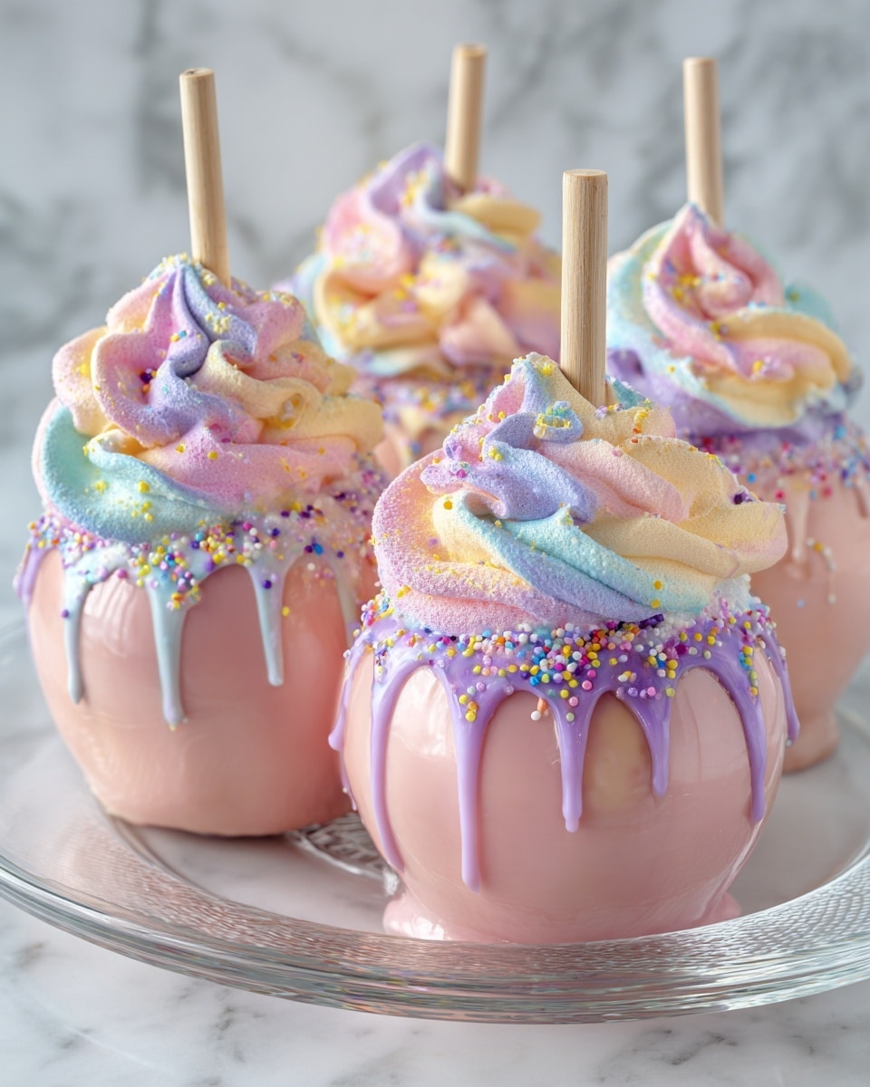 The image shows round pink glossy cake pops with a smooth, shiny surface and pastel pink glaze dripping down the sides. On top of each cake pop, there are fluffy, colorful marshmallow-like swirls in layers of soft yellow, pink, purple, blue, and green sugar crystals, sprinkled with tiny multicolored round sprinkles. Each cake pop is held upright by a wooden stick placed in the center, with the pink cake pops resting on a clear glass plate set on a white marbled surface. The close-up view highlights the sugary texture and vibrant colors. photo taken with an iphone --ar 4:5 --v 7