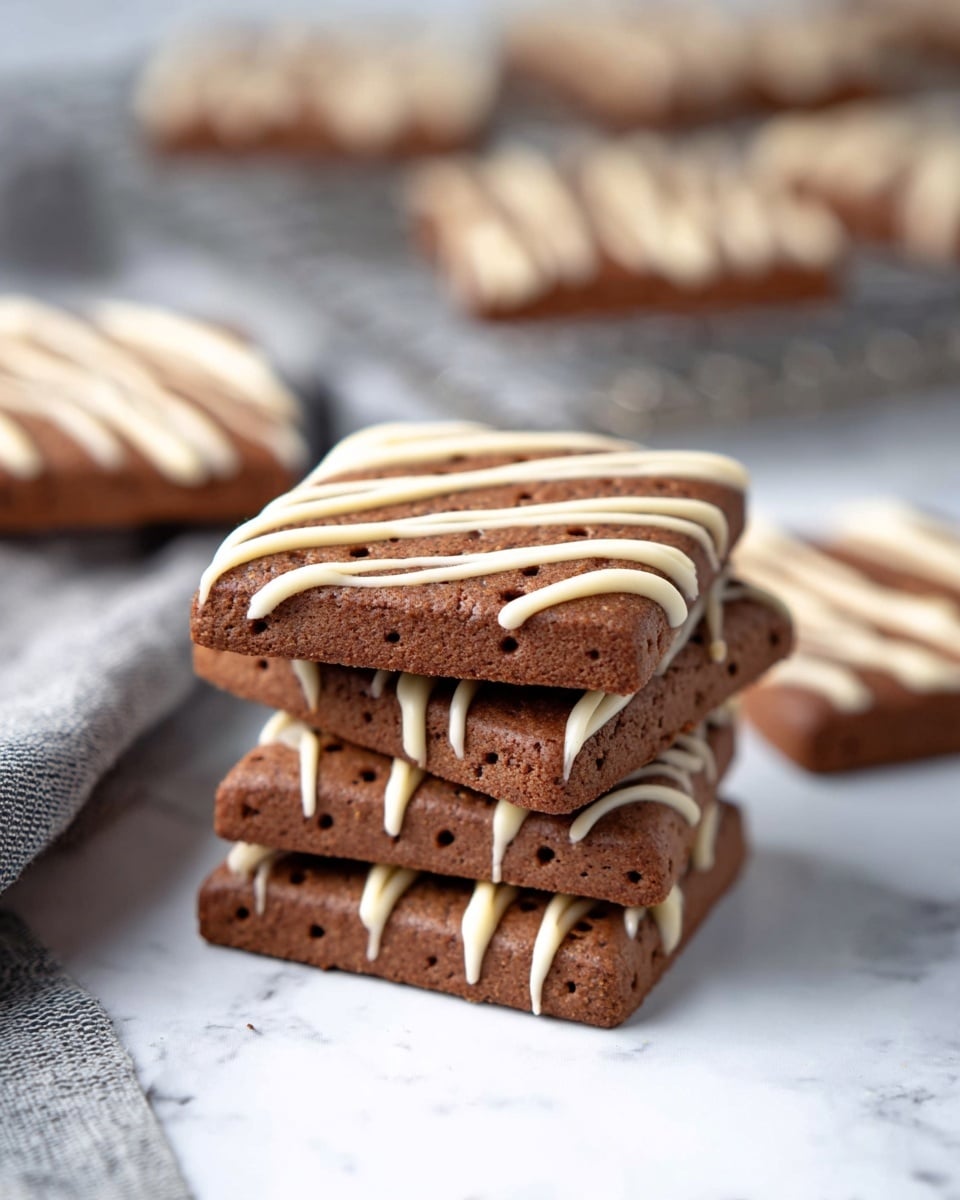 The image shows a close-up of dark brown square cookies with scalloped edges, each topped with light beige diagonal icing stripes. The cookies have small holes evenly spaced on their surface. They are stacked in two even piles resting on a white marbled surface with a blurred cooling rack holding more cookies in the background. A grey cloth is partially visible on the left side of the frame. photo taken with an iphone --ar 4:5 --v 7