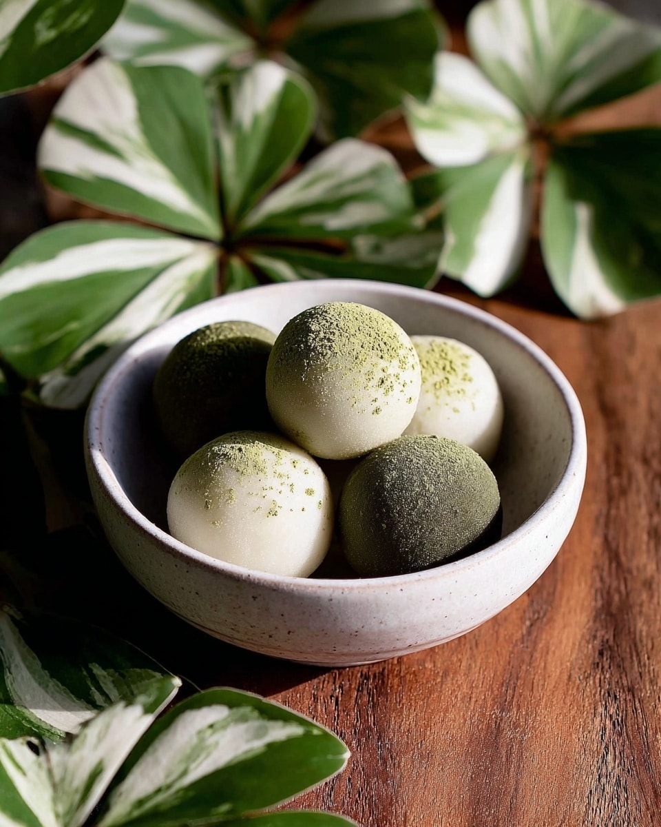 A small white ceramic bowl filled with six round balls, three are white with a light dusting of green powder on top, and three are dark green with a smooth texture, arranged closely inside the bowl. The bowl sits on a wooden surface, surrounded by green leaves with white edges, creating a natural and fresh look. The lighting highlights the soft, slightly matte textures of the balls and the ceramic bowl. photo taken with an iphone --ar 4:5 --v 7
