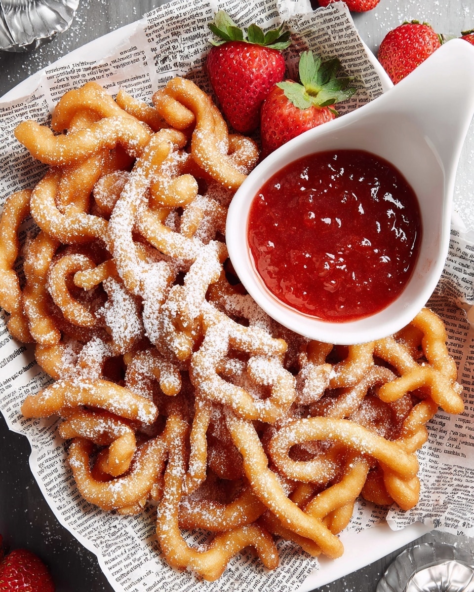 A white plate is filled with many golden-brown funnel cakes dusted with white powdered sugar, scattered in a tangled pile with crispy texture. In the center of the plate sits a white sauce boat filled with bright red chunky strawberry sauce, with two halved fresh strawberries with green leaves placed close by. The plate rests on a white marbled surface lined with newspaper-style paper underneath. photo taken with an iphone --ar 4:5 --v 7