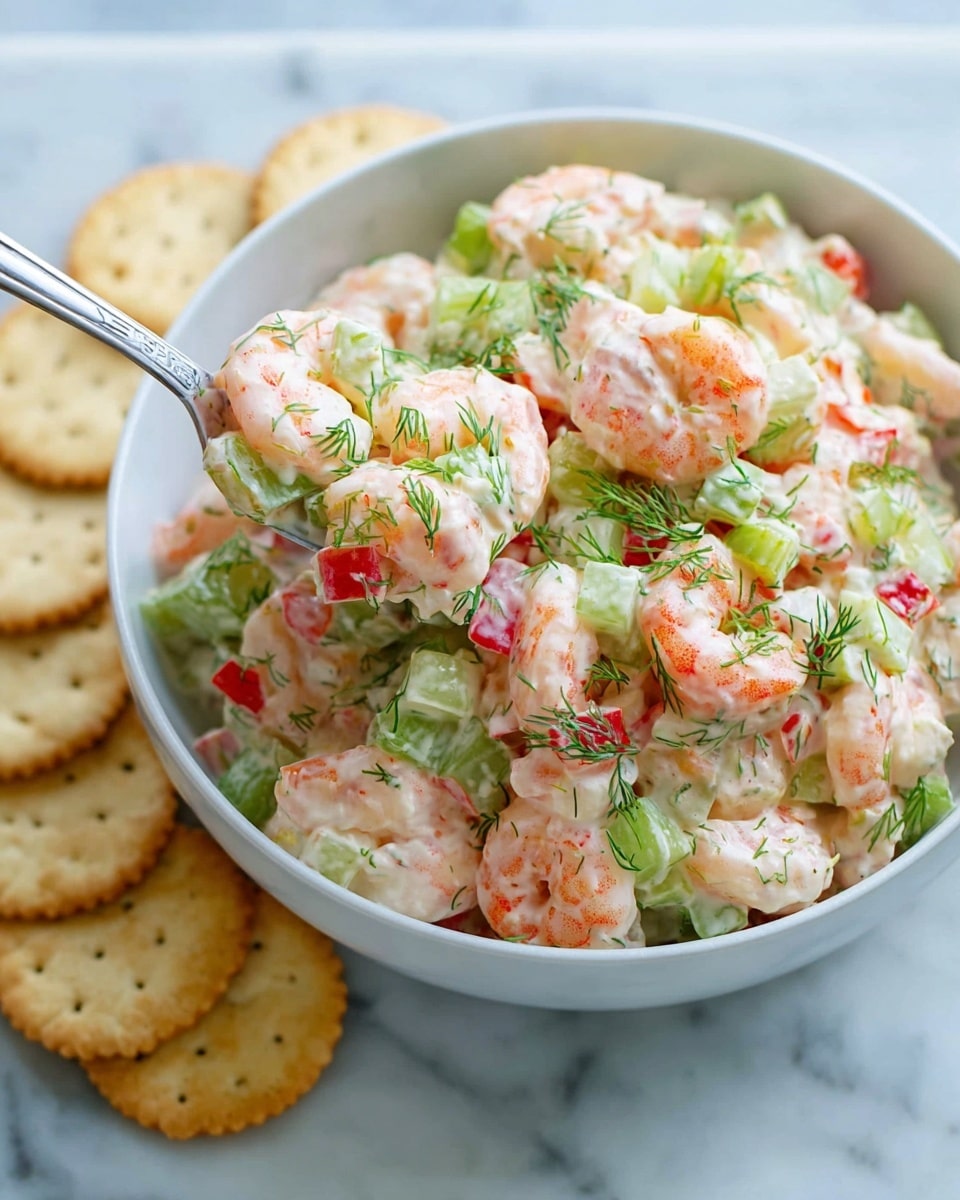 A white bowl filled with a shrimp salad consisting of plump, pink shrimp layered with diced green celery, red bell pepper, and fresh green dill sprinkled on top, creating a colorful mix. A metal fork lifts a portion of the salad from the bowl, showing the shrimp and vegetable mix coated in a creamy dressing. Next to the bowl, several light golden crackers are casually placed on a white marbled surface. The overall look is fresh, creamy, and vibrant. photo taken with an iphone --ar 4:5 --v 7