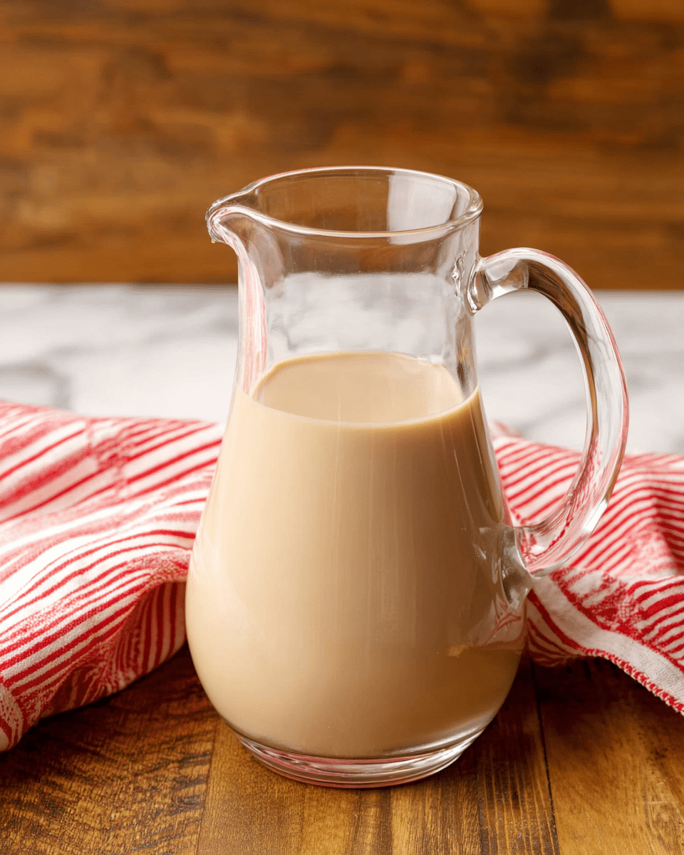A clear glass filled with large ice cubes is being poured with a smooth, creamy, light beige liquid from a clear pitcher. Behind the glass, there is another empty clear glass. A red and white striped cloth is partly draped to the right side of the glass, all placed on a white marbled surface. photo taken with an iphone --ar 4:5 --v 7