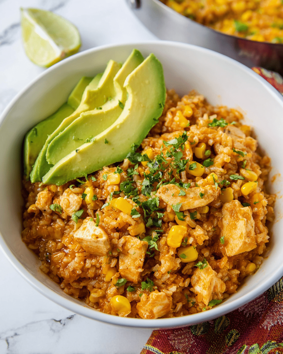 A black pan filled with a textured layer of cooked rice mixed with small pieces of corn and other vegetables, all coated in melted golden yellow cheese that covers the top and binds the ingredients together, sprinkled with green chopped herbs for contrast. On one side of the pan, there is a slice of fresh avocado with light green and creamy yellow colors. A silver spoon lifts a scoop of the cheesy rice mix, showing the gooey cheese stretching slightly. The pan rests on a cloth with warm earthy colors, all set on a white marbled texture. Photo taken with an iphone --ar 4:5 --v 7