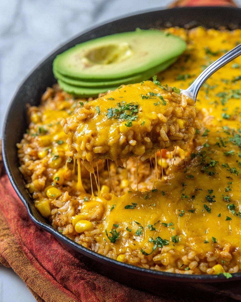 A white bowl filled with a thick mix of orange-brown rice and chicken pieces, bright yellow corn kernels scattered throughout, and small pieces of green herbs on top. On one side inside the bowl, slices of light green avocado layers rest against the rice. The bowl sits on a white marbled surface with a small portion of a patterned cloth showing at the bottom right edge, and there is a blurred pan with yellow food in the background. photo taken with an iphone --ar 4:5 --v 7