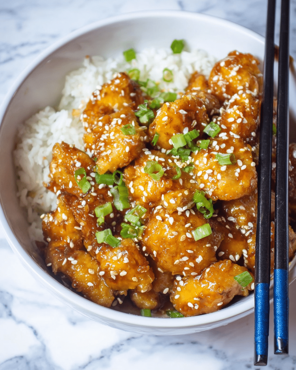 A white bowl filled with two layers: the bottom layer is plain white rice, fluffy and soft, while the top layer consists of golden-brown pieces of glazed chicken coated with a shiny, sticky sauce. The chicken is sprinkled with white sesame seeds and small bright green chopped scallions, adding color and texture. A pair of black chopsticks with blue handles rests on the edge of the bowl. The bowl sits on a white marbled surface. photo taken with an iphone --ar 4:5 --v 7