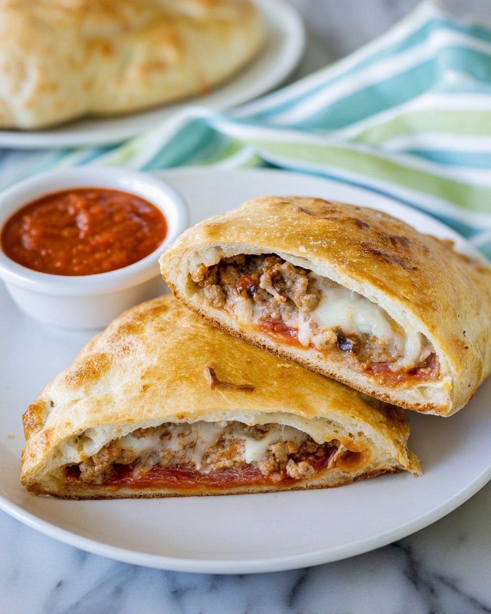 A white plate holds two halves of a baked calzone with a golden-brown crust that looks soft and slightly flaky. The top half is angled to show the inside layers: the top layer is light golden dough with some small browning spots, below it is melted white cheese with a smooth texture, then layers of browned sausage meat with a crumbly texture and reddish slices of pepperoni. In the background on the same plate, there is a small white bowl filled with thick red tomato sauce. The setting is on a white marbled surface with a folded striped cloth in soft green and blue colors blurred behind. Photo taken with an iphone --ar 4:5 --v 7