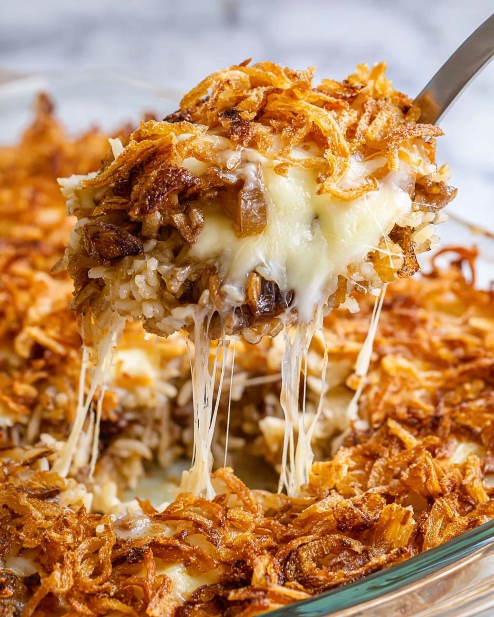 The image shows a close-up of a layered casserole being lifted by a metal spoon. The top layer is crispy, golden fried onions with a crunchy texture. Below that, melted white cheese stretches in long strings, showing its gooey softness. Under the cheese, there are bits of browned, cooked onions and some browned meat pieces mixed into a layer of cooked rice. The casserole is in a clear glass dish sitting on a white marbled surface. photo taken with an iphone --ar 4:5 --v 7