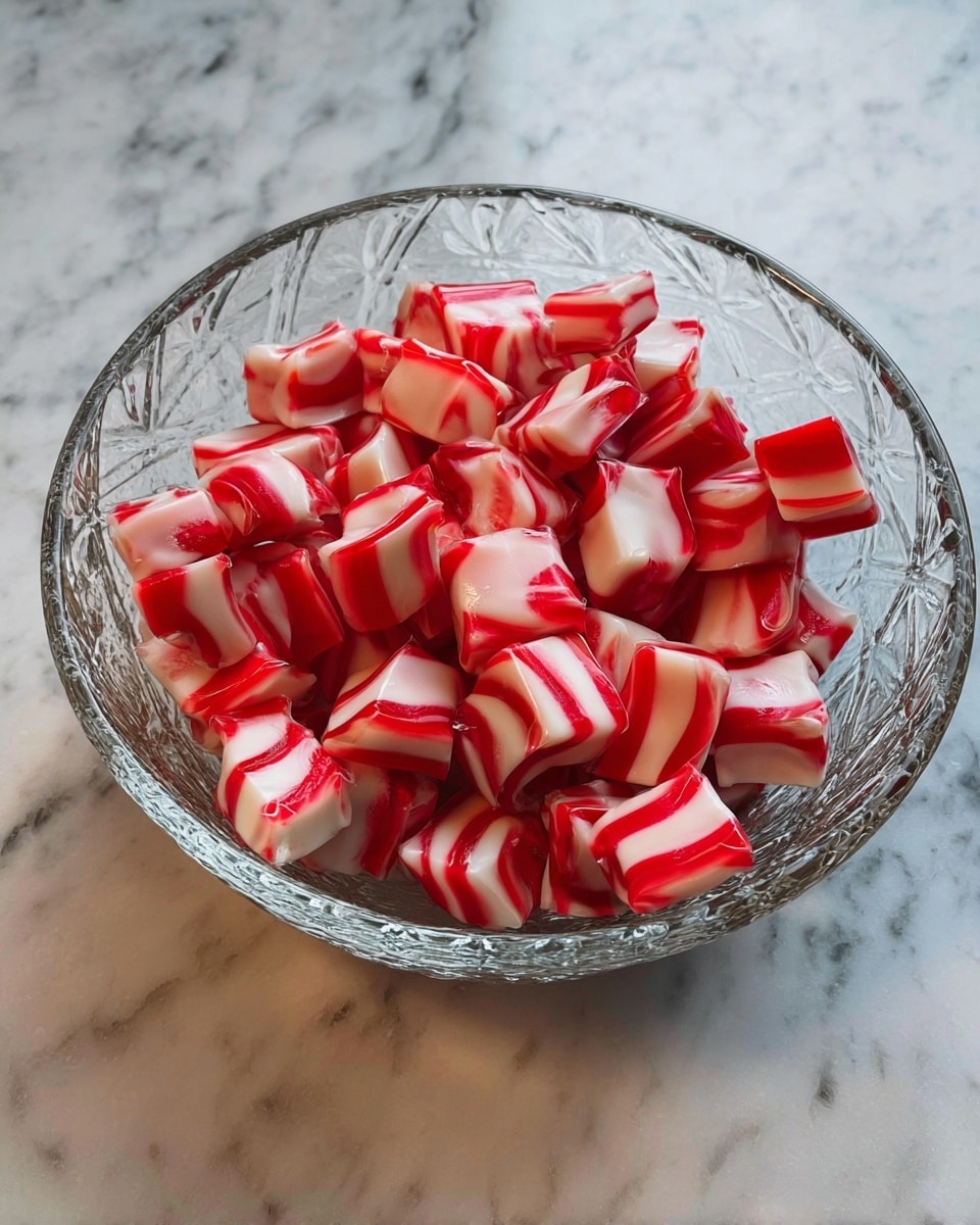 A clear, textured glass bowl filled with small, twisty pieces of candy that have bright red and white swirls. Each piece shows a mix of smooth white layers and bold red streaks, creating a striped pattern throughout. The bowl sits on a white marbled surface with subtle grey veins. photo taken with an iphone --ar 4:5 --v 7