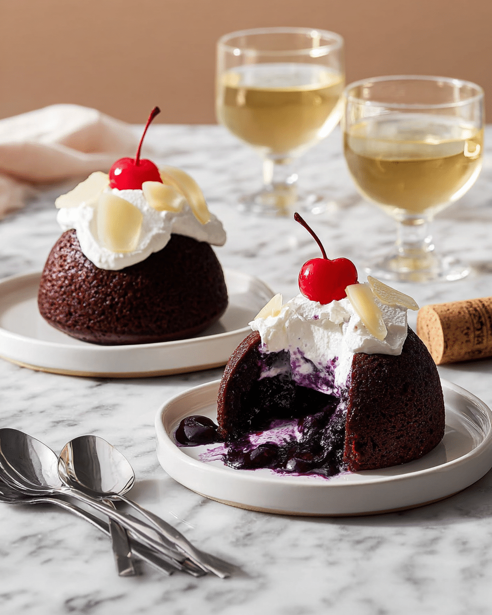 Two small dark brown cakes sit on white round plates on a white marbled surface. Each cake has a creamy white whipped topping with thin slices of a translucent ingredient and a bright red cherry on top. One cake is cut open, revealing a rich purple liquid filling mixed with white cream inside that is slowly oozing out onto the plate. In the background, there are two clear glasses filled with light yellow liquid and a cork resting beside one glass. Two spoons are placed in front of the plates. Photo taken with an iphone --ar 4:5 --v 7