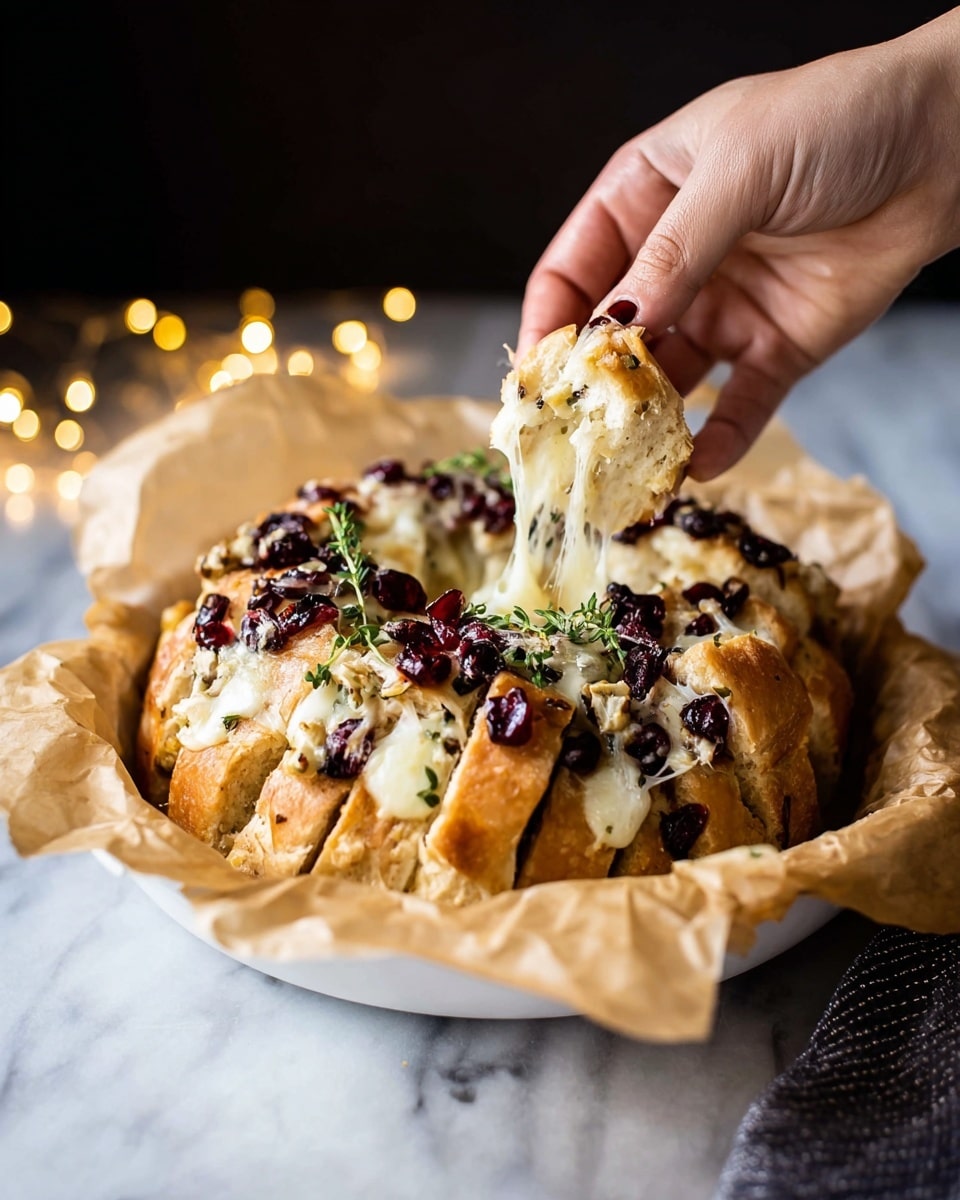 A white bowl lined with crumpled brown parchment paper holds a round bread pull-apart. The bread is golden brown with soft, fluffy inside pieces pulled apart to reveal stretchy melted white cheese in the center. The top is covered with small dark red dried cranberries and scattered brown nuts, with a few green thyme sprigs for garnish. A woman's hand lifts one cheese-pulled piece from the bowl. The background is dark with small warm fairy lights blurred behind, and the surface is white marble. photo taken with an iphone --ar 4:5 --v 7