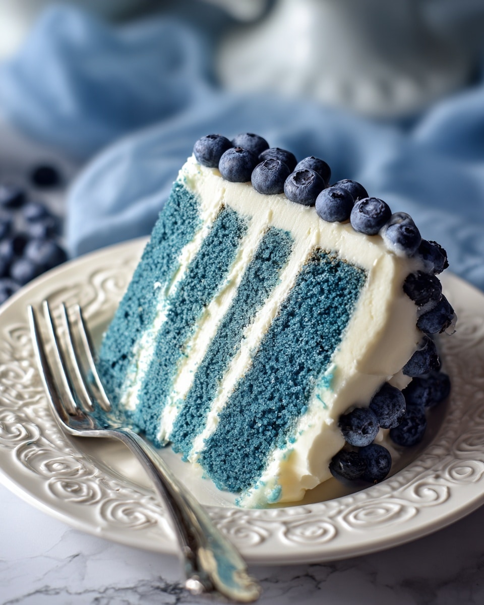 A slice of three-layer blue cake with a soft texture, each layer separated by light cream frosting. The top of the cake is covered with the same creamy frosting and decorated with small fresh blueberries arranged in a neat line. The slice sits on a white plate with a detailed swirling pattern, and there is a shiny silver fork placed beside the cake. The background has a soft blue cloth on a white marbled surface, giving a cozy and elegant feel. Photo taken with an iphone --ar 4:5 --v 7