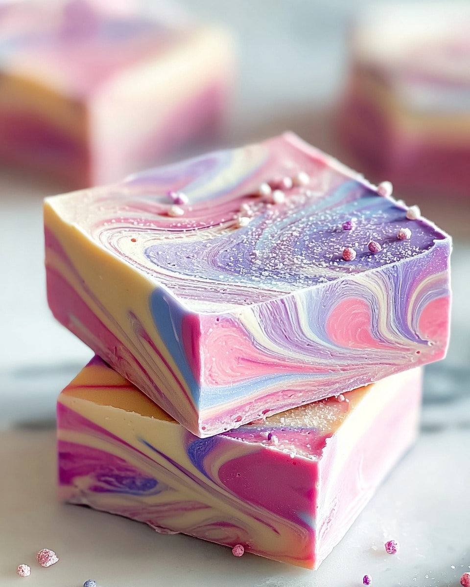 Two square pieces of fudge are stacked on a white marbled surface, each piece showcasing a smooth marbled texture with swirling colors of pink, purple, cream, and hints of blue creating a dreamy pattern. The top piece sits slightly offset on the bottom piece, emphasizing the layered look with visible swirls on all sides. Small bubbles and tiny textured dots are scattered across the surface of the fudge, adding a delicate, slightly porous detail. The background is softly blurred with hints of more fudge squares, maintaining a light and bright look. Photo taken with an iphone --ar 4:5 --v 7