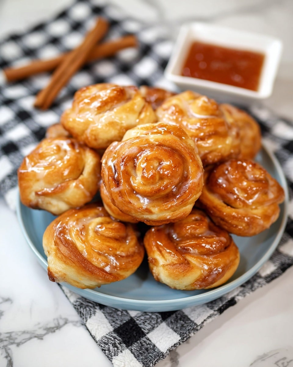A white plate with a blue inner surface is heaped with about ten golden-brown cinnamon rolls, each roll showing many soft, twisted layers of dough coated with a shiny glaze that pools slightly on some parts, giving them a sticky, sweet look. The rolls' tops have a mix of smooth and slightly crispy textures, and the swirl pattern is clear on each piece. Behind the plate on a white marbled surface, there are two cinnamon sticks resting diagonally and a small white square bowl filled with a reddish-brown sauce, set on a black and white checkered cloth. Photo taken with an iphone --ar 4:5 --v 7