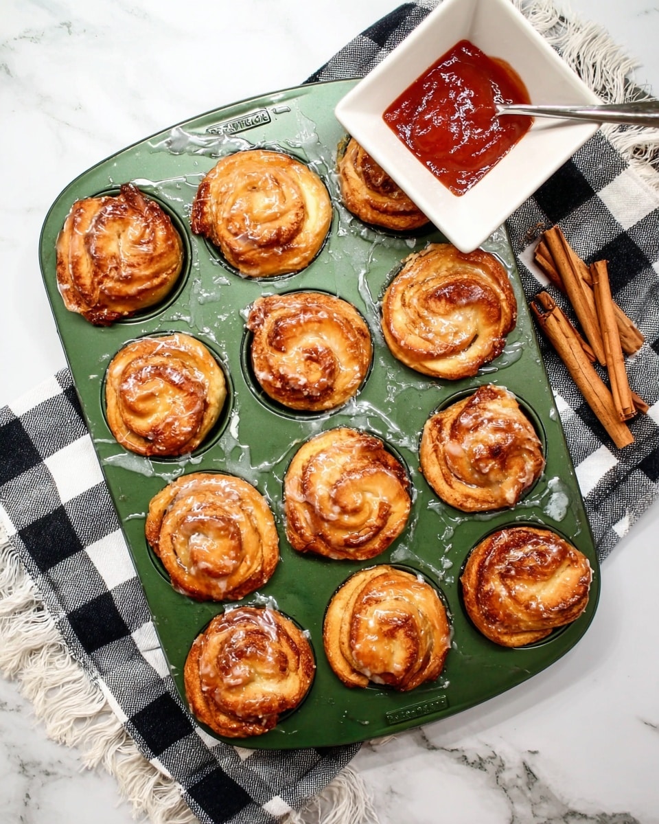 A green muffin tin holds twelve golden brown cinnamon rolls, each with a shiny, sticky glaze that drips slightly onto the tin. The rolls have a soft, twisted texture, showing layers of dough spiraled tightly with cinnamon. The tin is placed on a white marbled surface. Nearby, a white square bowl contains a red sauce and two cinnamon sticks rest beside it. A black and white checkered cloth with frayed edges adds contrast in the background. photo taken with an iphone --ar 4:5 --v 7