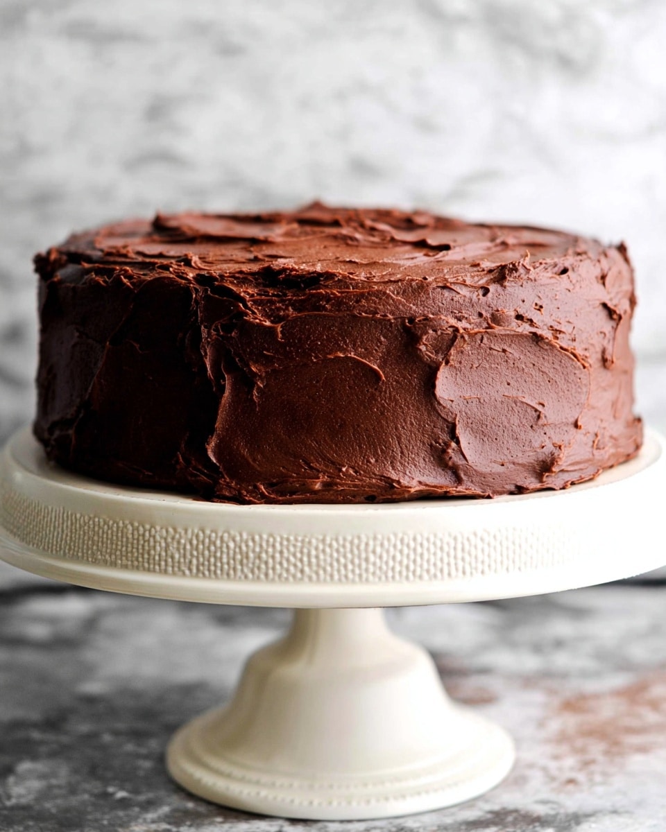 A thick, round chocolate cake with rich, dark brown frosting covers it completely in a smooth but slightly textured way, showing visible swirls and ridges on the sides and top. The cake sits on a white cake stand with a textured base and a wide flat top with a ruffled edge, placed against a white marbled texture surface. The cake looks moist and heavy, with the frosting having a creamy and slightly rough look. Photo taken with an iphone --ar 4:5 --v 7