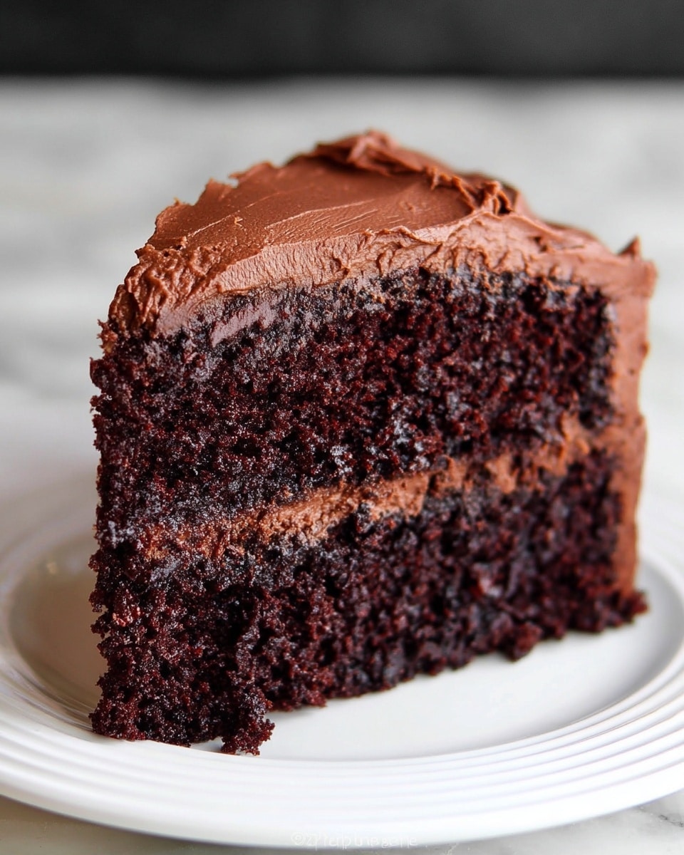 A close-up view of a rich chocolate cake slice with two thick layers of dark, moist chocolate cake and a smooth, creamy layer of brown chocolate frosting in the middle. The top of the slice is covered with a thick layer of the same smooth chocolate frosting, spread unevenly with visible texture marks. The cake slice sits on a white plate with soft ridges around the edges, against a white marbled surface background. photo taken with an iphone --ar 4:5 --v 7