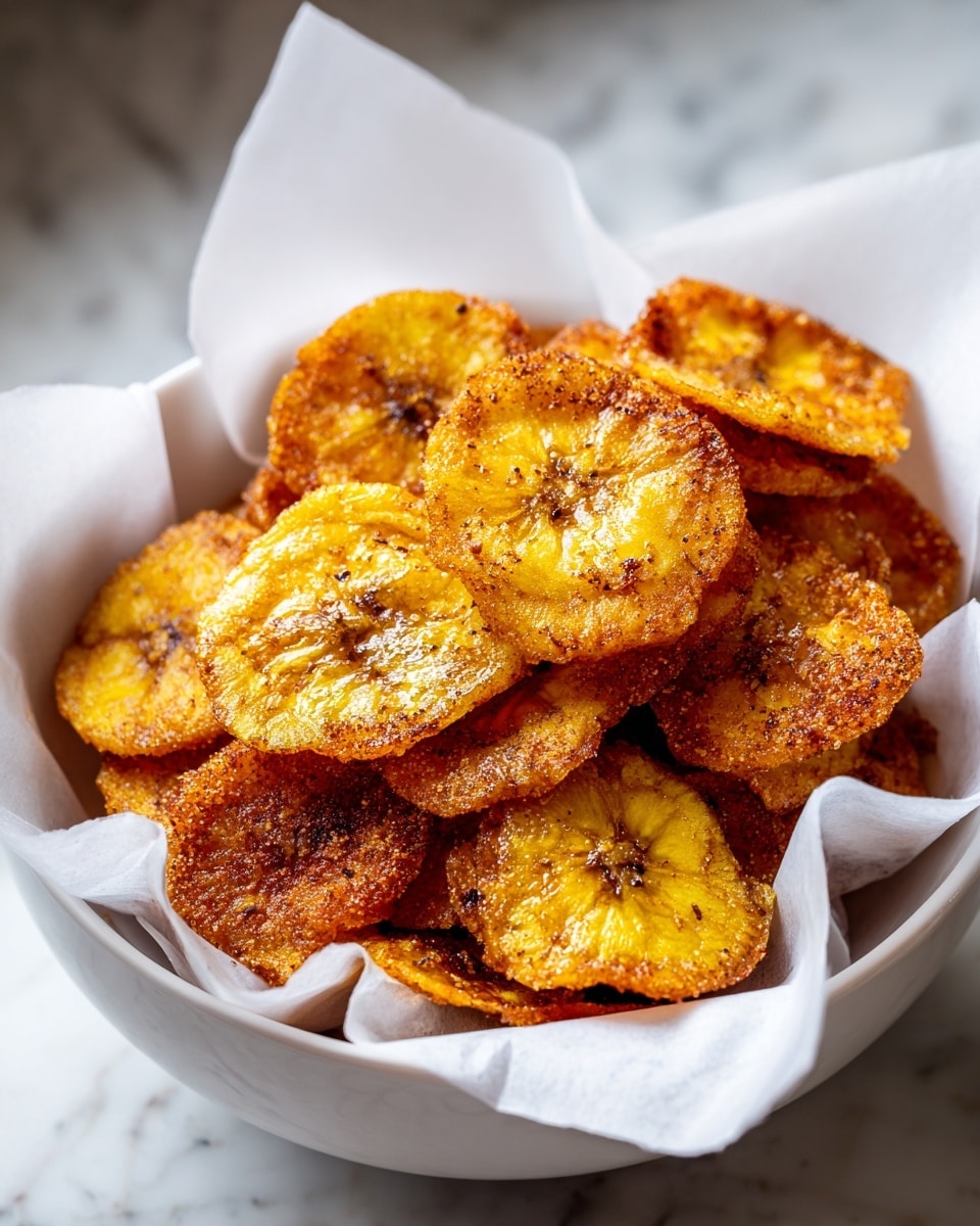 A white bowl lined with crumpled white parchment paper holds many round plantain chips stacked on top of each other, each chip golden yellow with brown edges and speckled with a coating of cinnamon and sugar, giving them a slightly rough texture. The chips appear crispy with a shiny, sugary surface, showing the soft darker center where the plantain was sliced. The bowl sits on a white marbled surface. photo taken with an iphone --ar 4:5 --v 7