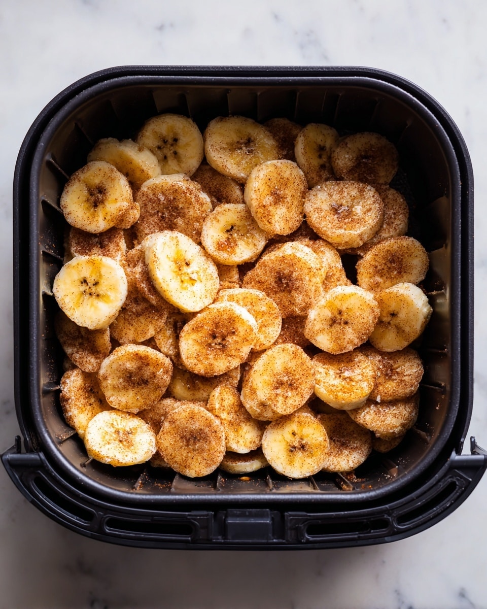 The image shows a black square air fryer basket filled with two layers of banana chips. Each chip is sliced thin and coated evenly with a fine, brown cinnamon sugar powder, giving the chips a slightly rough texture. The banana slices are light yellow with brown specks in the center, and the cinnamon sugar adds a warm brown hue on the surface of each slice. The basket is placed on a white marbled surface, enhancing the contrast with the dark basket and the golden-brown banana chips. photo taken with an iphone --ar 4:5 --v 7