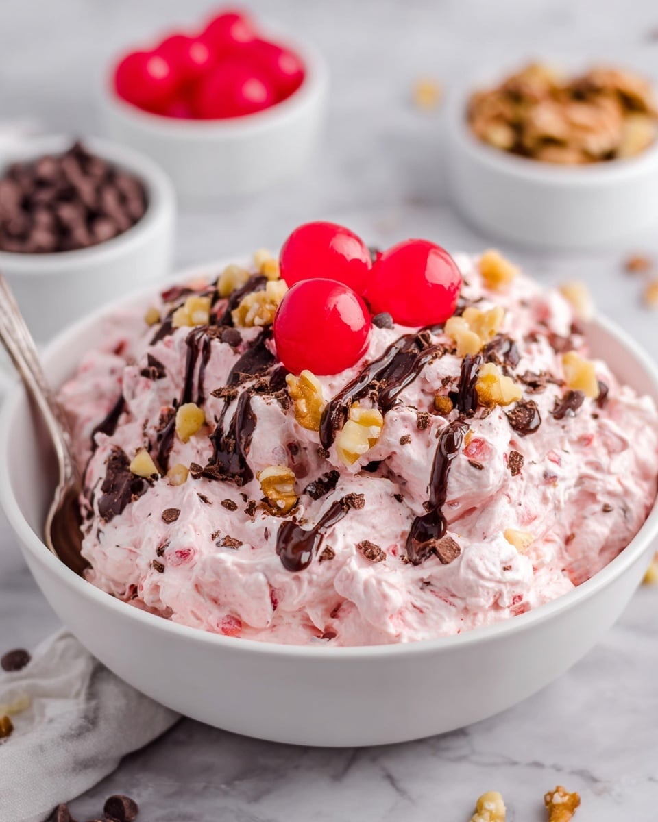 A white bowl filled with a fluffy pink creamy salad mixed with small chunks of nuts and chocolate chips evenly spread throughout. On top, there are three bright red cherries placed in the center, surrounded by a drizzle of dark chocolate sauce and sprinkled with chopped walnuts and more chocolate chips. A silver spoon is partially inserted into the mixture on one side. In the blurred background, there are three small white bowls containing cherries, chocolate chips, and walnuts, all set on a white marbled surface. photo taken with an iphone --ar 4:5 --v 7