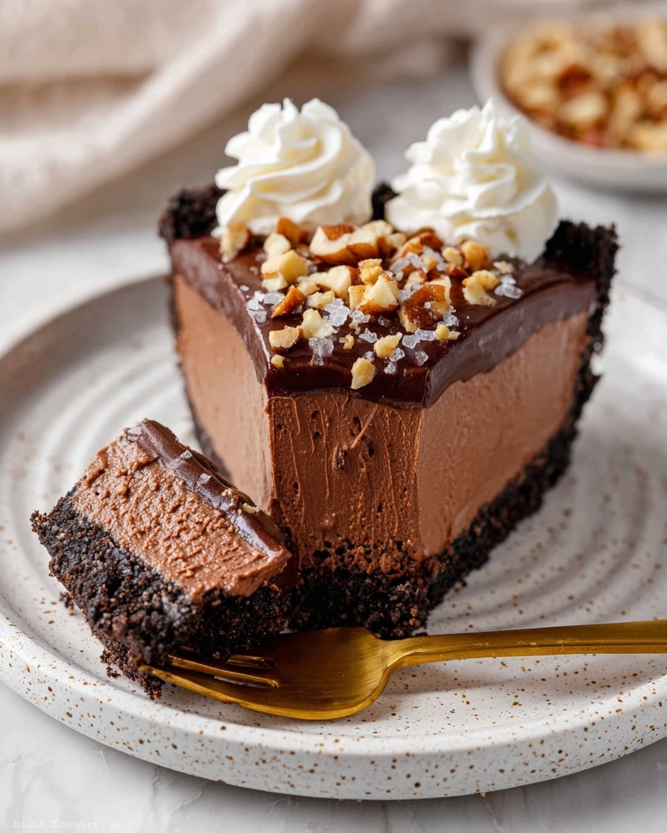 A chocolate pie with a dark brown crumb crust in a clear glass pie dish sits on a white marbled surface. The pie has three main layers: the bottom is the dark crumb crust, the middle is a lighter milk chocolate filling, and the top is a shiny dark chocolate ganache sprinkled with chopped nuts. Around the edge of the pie, there are ten large swirls of white whipped cream evenly spaced. A slice is cut out, revealing the inside layers clearly. A white plate with a slice of the pie, topped with two swirls of whipped cream and sprinkled nuts, is placed nearby on a white marbled surface. Around the pie, there are two amber-colored glasses, a bowl of chopped nuts, a small bowl of white salt, and two gold forks on a beige striped cloth. photo taken with an iphone --ar 4:5 --v 7