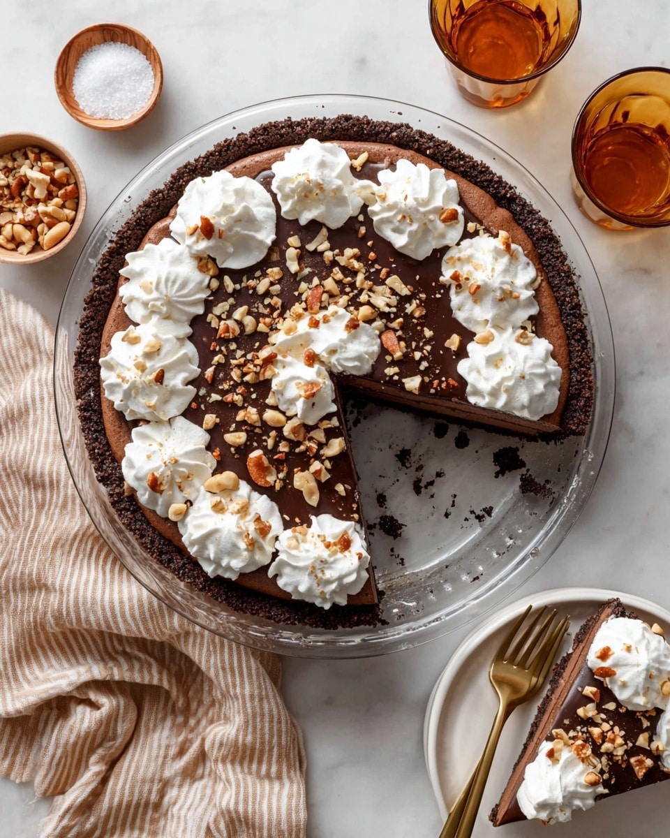 A slice of rich chocolate mousse pie sits on a white speckled plate with a textured edge, placed on a white marbled surface. The pie has three main layers: a dark crumbly chocolate crust at the bottom, a thick and smooth milk chocolate mousse in the middle, and a shiny dark chocolate ganache on top sprinkled with chopped nuts and sea salt flakes. Two white whipped cream swirls crown the top edge of the slice. In front of the slice, a gold fork holds a bite-sized piece showing the creamy chocolate mousse and crust textures clearly. Photo taken with an iphone --ar 4:5 --v 7