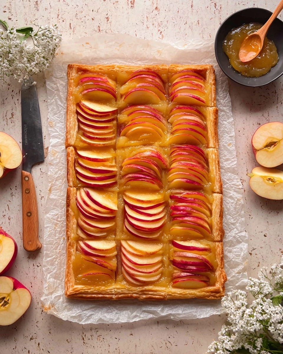 The image shows square apple tarts with three layers. The base layer is a golden-brown, flaky puff pastry with crisp edges. On top of the pastry is a glossy, amber-colored spread that looks smooth and thick. The top layer has neatly arranged thin slices of red apple that have a slightly shiny surface and are overlapping, creating a fan shape that covers the tart area. The tarts are placed on crinkled parchment paper on a white marbled surface. A knife with a silver blade is on the left side near the tarts, and there is a small bowl of thick, golden apple spread partially visible in the top left corner. photo taken with an iphone --ar 4:5 --v 7