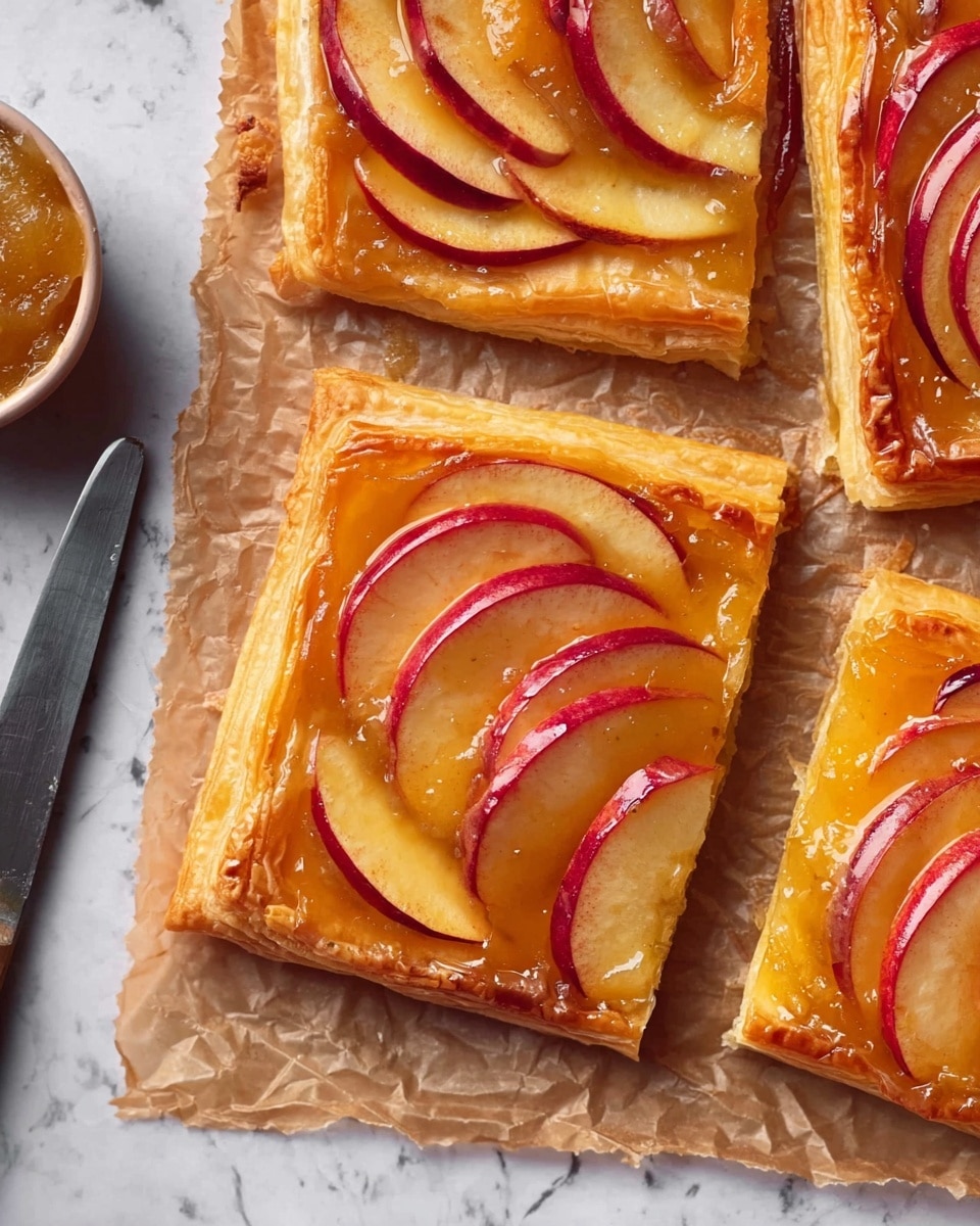 A rectangular puff pastry tart with raised golden-brown edges sits on crumpled translucent parchment paper. The tart has nine sections, each topped with multiple thin, curved slices of red and yellow apples arranged in overlapping layers that create a fan shape. The base layer under the apples is a golden-yellow apple sauce spread evenly across the pastry. The tart is placed on a white marbled surface with a wooden-handled knife on the left side and a small black bowl of apple sauce with a wooden spoon nearby. Pieces of sliced apple and white flowers with green stems decorate the scene around the tart. Photo taken with an iphone --ar 4:5 --v 7