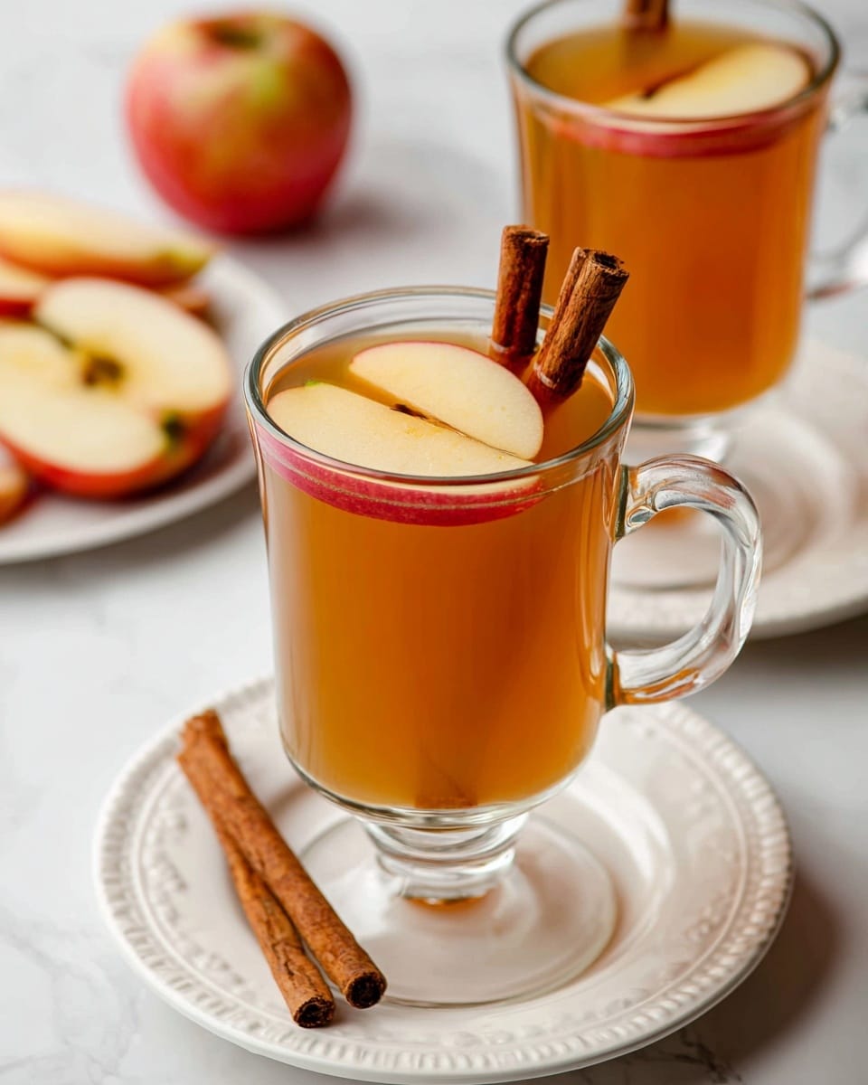 The image shows a clear glass mug filled with warm amber-colored apple cider. Inside the cider, there are two thin slices of red apple floating near the top, along with two cinnamon sticks standing upright in the drink. The mug is placed on a white plate with a decorative edge, where another cinnamon stick lies beside the mug. In the background, there is a second glass mug with the same drink and apple garnish, also on a white decorative plate, with blurred slices of apple and a whole apple nearby on a white marbled texture surface. photo taken with an iphone --ar 4:5 --v 7