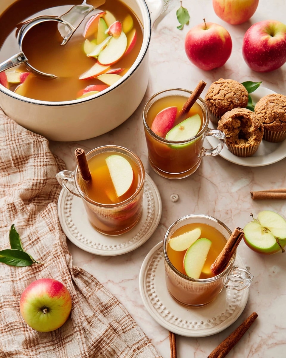 The image shows a cozy autumn drink scene with three clear glass mugs of warm apple cider, each topped with a cinnamon stick and layered fresh apple slices in red and green floating on the amber-colored liquid. The mugs are placed on small white plates with dotted edges, resting on a white marbled textured surface covered partly with a light brown checkered cloth. To the left, there is a large white pot filled with apple cider and floating slices of both red and green apples, with a silver ladle inside. Above the mugs, there is a white plate holding three cinnamon sugar muffins, one partly eaten, displaying a crumbled texture. Scattered around are fresh red and green apples with leaves and a few cinnamon sticks on the cloth, adding to the autumn feel. Photo taken with an iphone --ar 4:5 --v 7