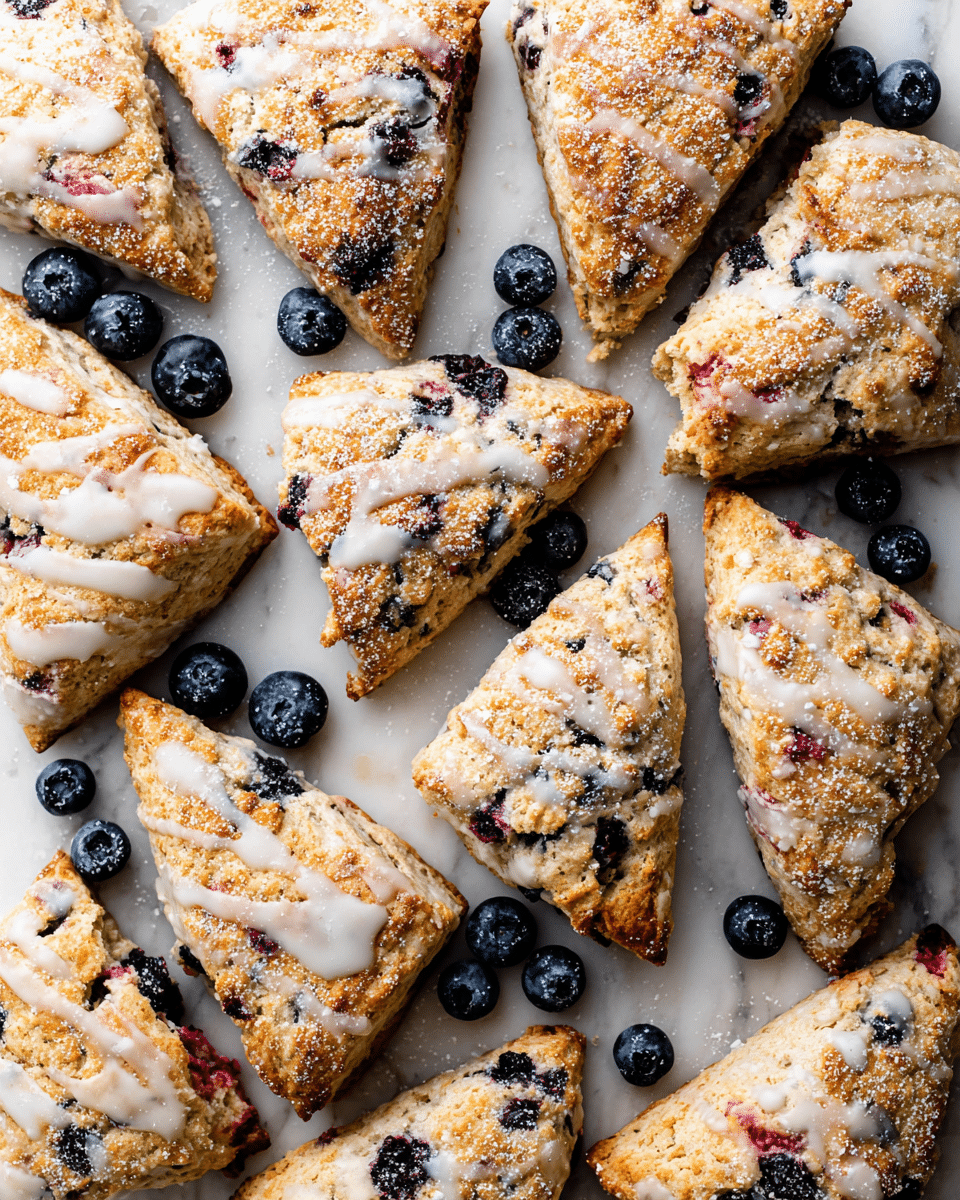 A white plate holds seven golden-brown scones, each triangular in shape with a rough, crumbly texture. Some scones are topped with a shiny white glaze with visible drips, while others are dusted with white powdered sugar. Their surfaces show dark chocolate chips and mixed berries embedded within, giving spots of dark purple and red throughout. The edges are uneven and crisp, showing a light, flaky interior. The plate is set on a white marbled texture. Photo taken with an iphone --ar 4:5 --v 7