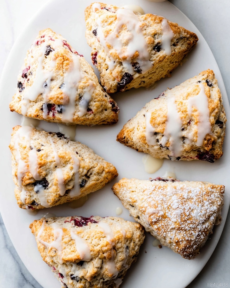 This image shows about fifteen triangular scones laid out closely on a white marbled surface, each one golden brown with a slightly rough texture and dotted with blueberries and some pieces of red fruit. Many of the scones have a light white glaze drizzled over the top in uneven lines, while others are dusted with a fine layer of powdered sugar. Scattered fresh blueberries lie in small groups between the scones, adding pops of deep blue. One scone near the center has a small bite taken out, revealing a soft, crumbly inside with fruit pieces embedded. The overall look is warm, inviting, and rustic. photo taken with an iphone --ar 4:5 --v 7