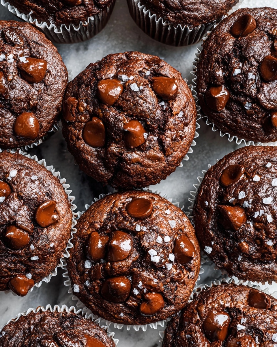 The image shows several rich dark brown chocolate muffins arranged closely together on a white marbled surface. Each muffin is topped with large, shiny, melted chocolate chips that create textured glossy spots on the cracked, moist muffin tops. Some muffins have a light sprinkle of white flaky sea salt adding contrast to the deep brown. The muffins are held in white paper liners featuring fine ridges, and the rough, cracked texture of the muffins' surface shows slight variations in color from deep chocolate to almost black. The overall scene is close-up and detailed, focusing on the soft, rich texture of the chocolate muffins. photo taken with an iphone --ar 4:5 --v 7