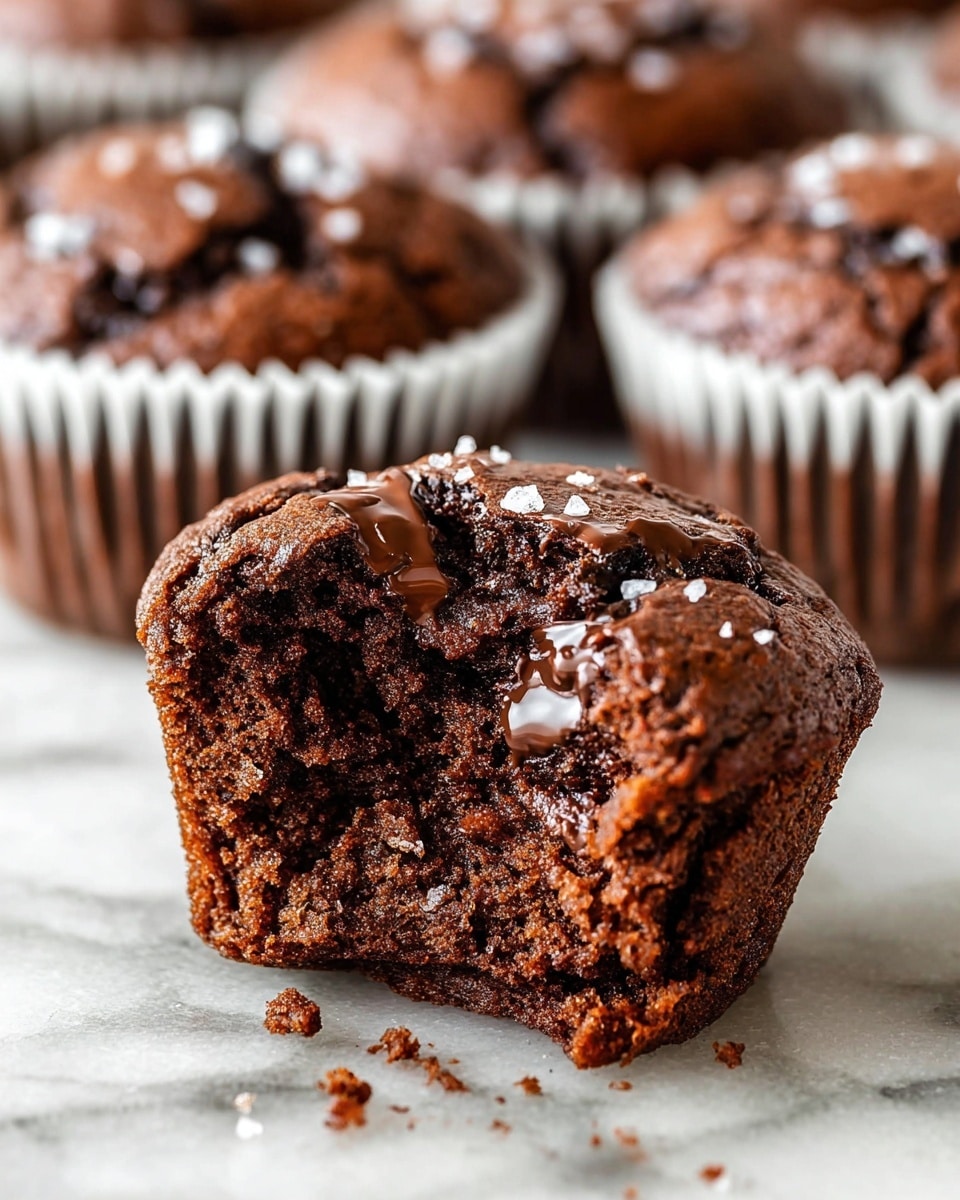 A close-up view of a chocolate muffin cut in half showing its moist, dark brown crumb with melted chocolate chunks inside. The top layer is slightly cracked, displaying melted chocolate on the surface with small flakes of white salt or sugar scattered on top. The muffin rests directly on a white marbled surface. In the background, there are several whole chocolate muffins in white paper liners, slightly out of focus. photo taken with an iphone --ar 4:5 --v 7
