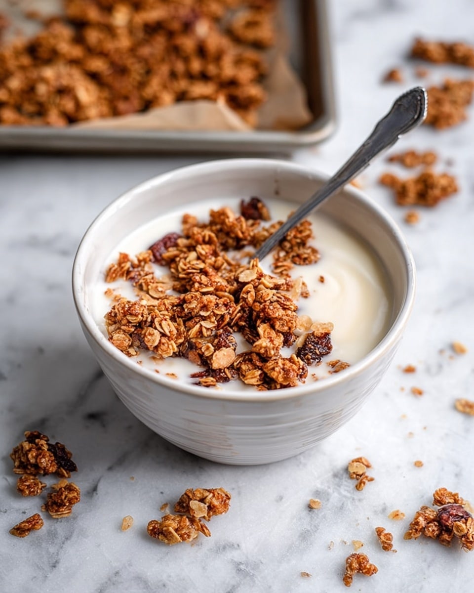 A white bowl filled with a layer of creamy white milk at the bottom and topped with crunchy brown granola clusters scattered unevenly on the surface. A silver spoon is resting inside the bowl, partly submerged with granola on it, with its handle leaning against the edge of the bowl. Some granola pieces are spilled around the bowl on a white marbled surface. In the background, a baking sheet covered with loose granola bits is visible, slightly blurred. Photo taken with an iphone --ar 4:5 --v 7