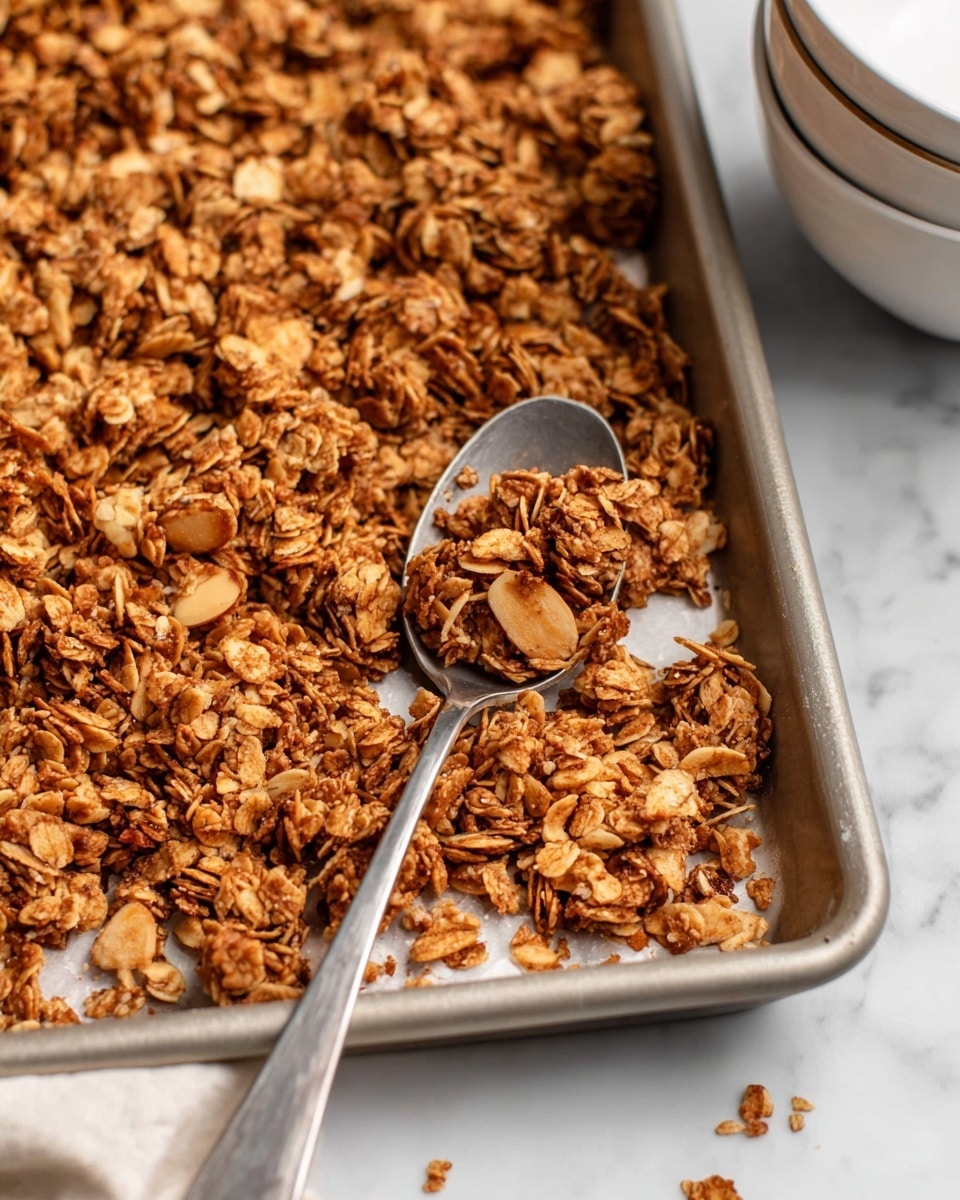 A baking tray filled with crunchy granola clusters, showing a mix of light and dark golden brown oats with bits of sliced almonds scattered throughout. The texture looks crisp and slightly crumbly, with some small loose pieces around the edges. A metal spoon lies on the tray, holding a scoop of the granola near the center. The background is a clean white marble surface with a stack of white bowls partially visible on the side. photo taken with an iphone --ar 4:5 --v 7