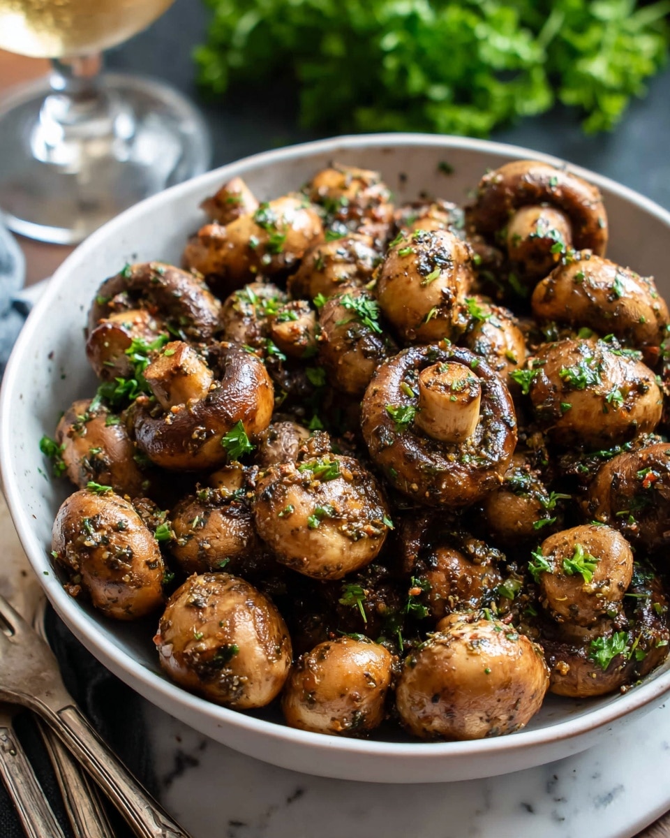 A dark bowl filled with cooked whole mushrooms, each mushroom showing a shiny, brown surface with a slightly oily texture and small black peppery bits all over. The mushrooms are piled high, some laying cap up and others stem up, creating a crowded, rounded mound. Tiny green herb sprinkles are scattered on top and around the mushrooms, adding a bit of color contrast. The bowl sits on a wooden surface, with a small white cloth tucked under one side and a fork and knife nearby. Fresh chopped herbs appear in a small wooden bowl above the main bowl. Photo taken with an iphone --ar 4:5 --v 7