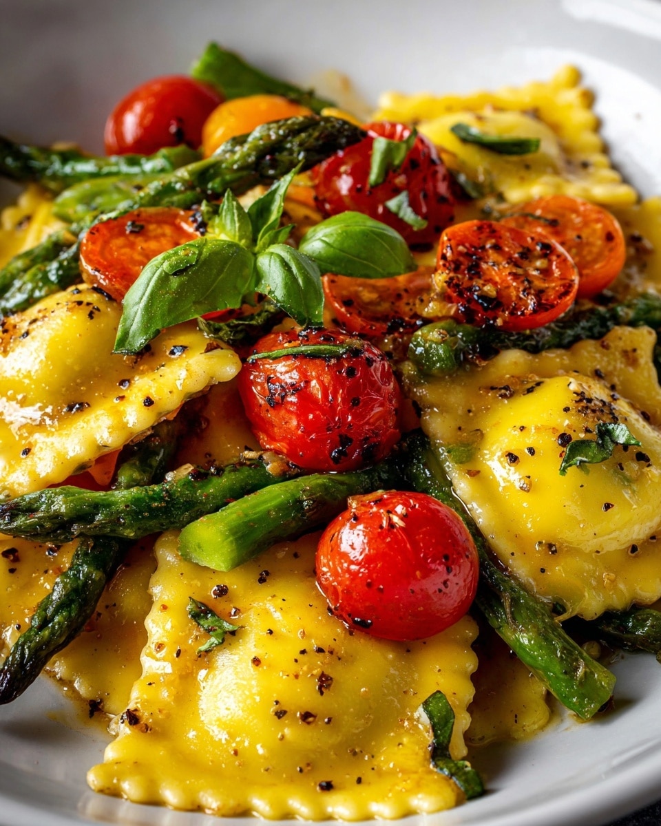 The image shows a white bowl filled with a fresh pasta dish. The first layer consists of square ravioli with a light yellow color and slightly ruffled edges. Mixed in between are bright red cherry tomatoes, some whole and some cut in half, giving a juicy and glossy look. Green asparagus spears are scattered throughout the dish, adding a pop of green with a firm texture. The pasta and vegetables are coated in a light, glossy sauce with visible small pieces of chopped green herbs. Two fresh basil leaves sit on top as a garnish. photo taken with an iphone --ar 4:5 --v 7