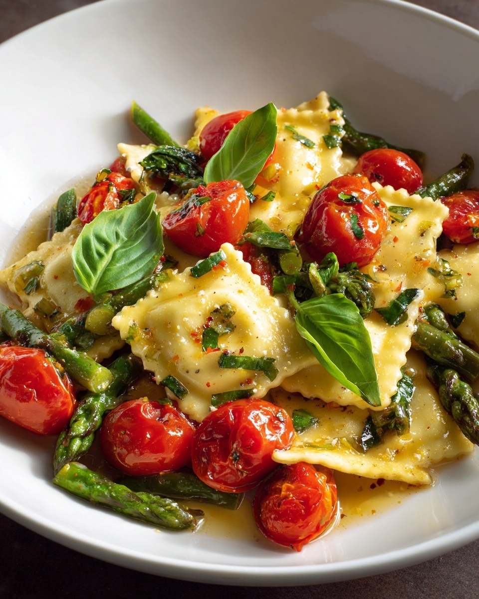The image shows a close-up view of a white bowl filled with a colorful pasta dish. The bottom layer consists of creamy yellow ravioli with crimped edges, giving a soft texture. Scattered among the ravioli are vibrant green asparagus stalks, cut into pieces, adding a crunchy texture. Bright red cherry tomatoes, some whole and shiny with a light glaze, are placed on top, mixed within the pasta and vegetables. Small green basil leaves and a sprinkling of black pepper and herbs are spread over everything, adding a fresh and seasoned look. The dish appears glossy with a light sauce coating all the ingredients, making them glisten nicely. Photo taken with an iphone --ar 4:5 --v 7