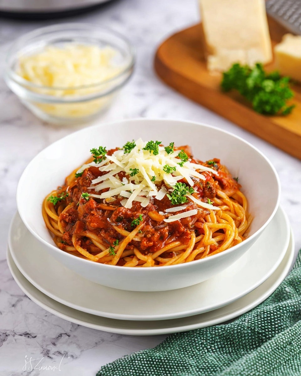 A white bowl filled with spaghetti covered in a thick, rich reddish-brown meat and tomato sauce, placed on two stacked white plates. On top, there is a generous layer of thin, light yellow shaved cheese and small sprigs of fresh green parsley scattered over the dish. In the background, a small clear glass bowl holds more pale yellow shaved cheese, resting on a wooden board, with a green textured cloth partially visible on the right side, all set on a white marbled surface. photo taken with an iphone --ar 4:5 --v 7