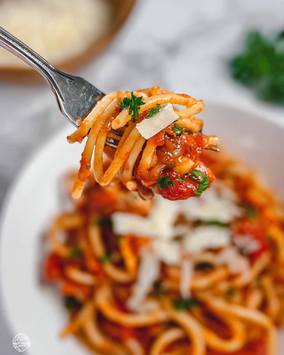 A close-up of a fork holding a bite of spaghetti coated in red tomato sauce, with visible bits of green parsley, a small chunk of tomato, and thin shavings of pale yellow cheese on top. In the background, slightly blurred, there is a white plate filled with more spaghetti, red sauce, green herbs, and cheese shavings. The scene is set on a white marbled surface with a bowl of grated cheese in the background, creating a warm and appetizing look. photo taken with an iphone --ar 4:5 --v 7