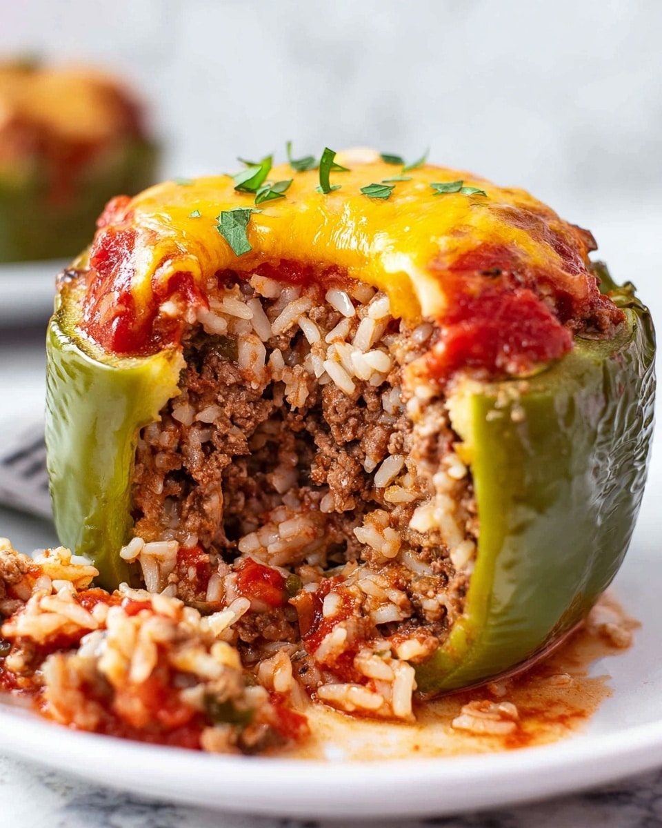 A stuffed green bell pepper cut open on a white plate with a white marbled texture surface. The pepper has three main layers: the outer green pepper skin, a thick middle layer of cooked ground meat mixed with white rice grains, and a top layer of melted yellow cheese combined with red tomato sauce. Some filling spills onto the plate, showing the texture of the meat and rice mix. Small green herbs are sprinkled on top, adding a fresh touch. The photo is close-up, showing the soft, cooked texture of the pepper and the oozing cheese and sauce. Photo taken with an iphone --ar 4:5 --v 7