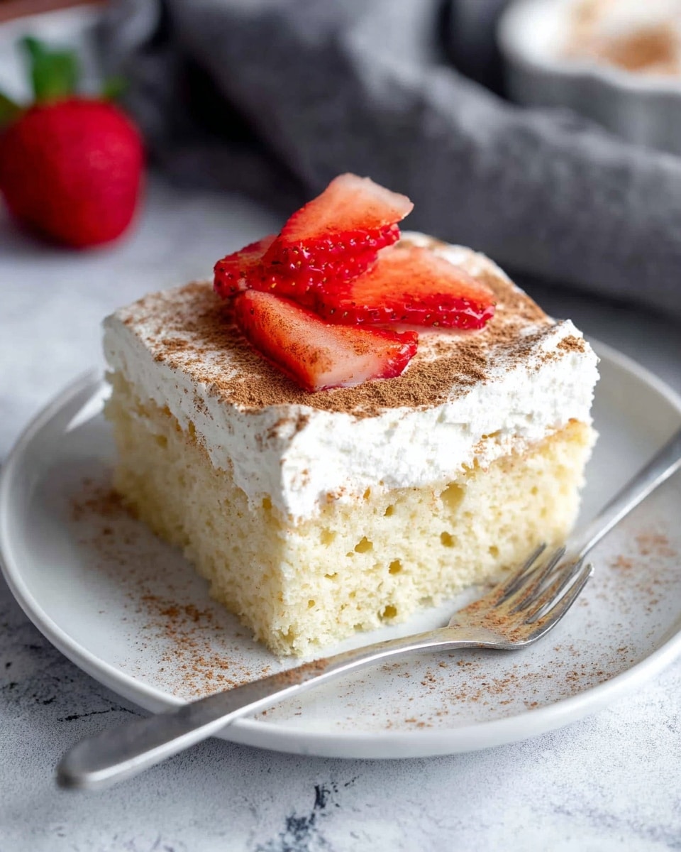 The image shows a clear glass rectangular dish containing a dessert with three visible layers. The bottom layer is a moist, light yellow cake soaked with a creamy liquid that slightly pools at the bottom. Above this is a thick, white creamy layer, followed by a dusting of light brown cinnamon powder on top, with subtle swirl marks across the surface. A slice has been removed from the front right side, revealing these layers clearly, and a white spatula with a white handle rests in the empty space. The dish is placed on a white marbled surface. Photo taken with an iphone --ar 4:5 --v 7