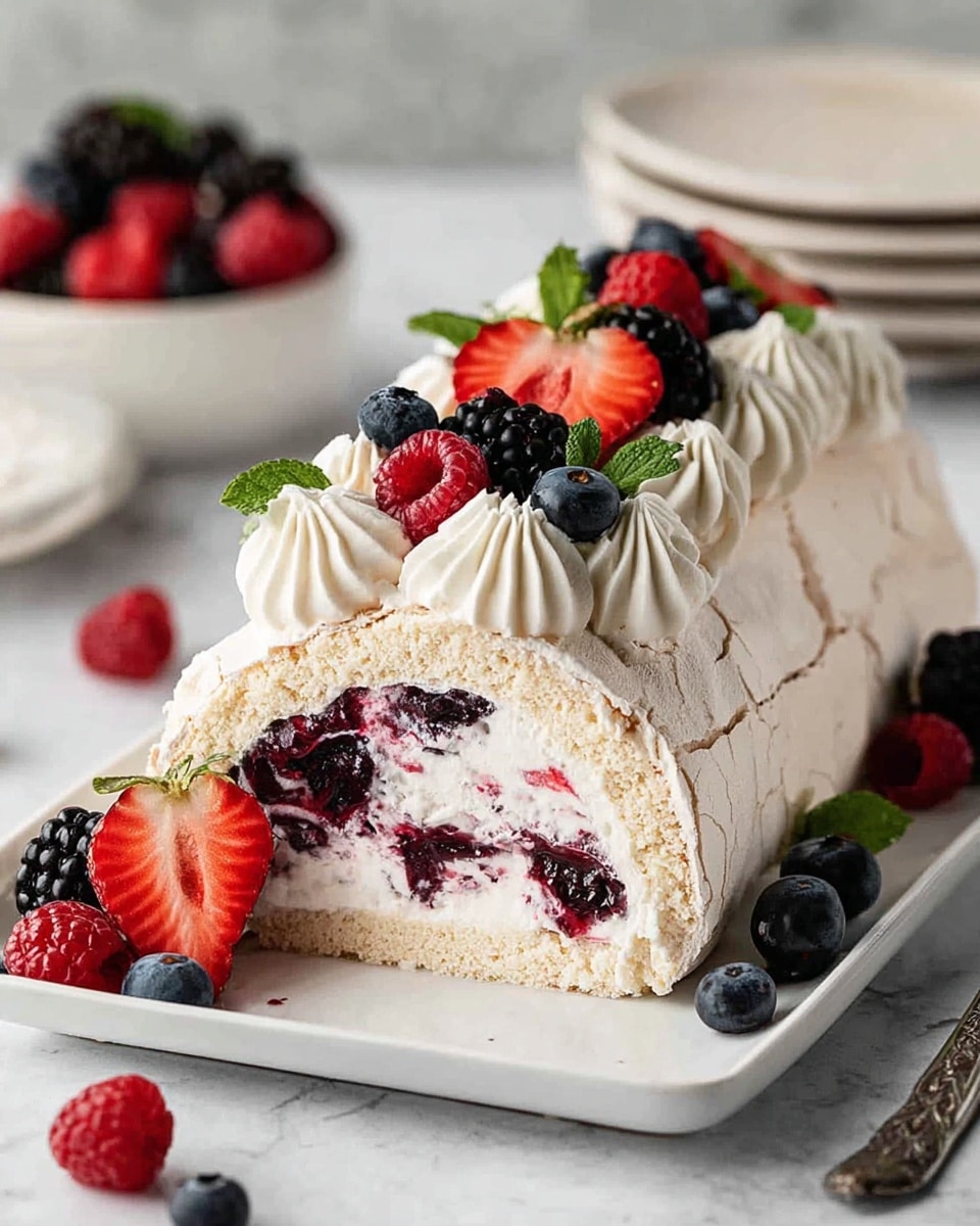 A white meringue roll cake sliced open on a white rectangular plate on a white marbled surface, showing three main layers: a light beige meringue outer layer with a cracked texture, a thick middle layer of smooth white cream, and a swirl of dark purple-black berry filling with visible whole berries inside. The top is decorated with piped white cream rosettes, fresh red strawberry halves, dark blueberries, blackberries, red raspberries, and fresh green mint leaves arranged in a neat row. Whole berries are scattered around the plate for extra detail. In the background, there is a white bowl filled with mixed berries and a stack of white plates. Photo taken with an iphone --ar 4:5 --v 7