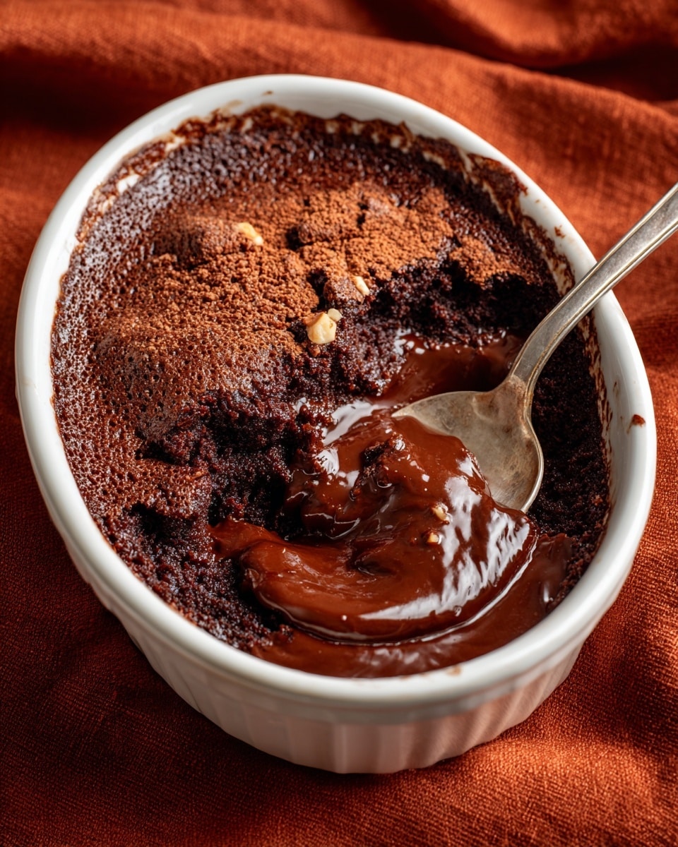 A white bowl holds a rich, dark brown chocolate dessert that looks moist and crumbly, with a slightly shiny, sticky texture. On top sits a single scoop of white vanilla ice cream with small black specks, indicating real vanilla beans. A silver spoon rests in the bowl, partially under the ice cream. The bowl is placed on an orange cloth with a white marbled surface in the background. photo taken with an iphone --ar 4:5 --v 7