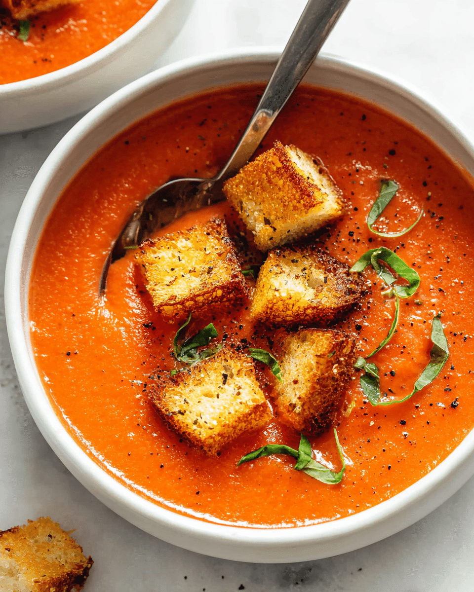 A white bowl with black specks on the rim holds a smooth, creamy tomato orange soup. On top, there are small cubes of red tomatoes, green bell peppers, and purple onions scattered around, along with some cracked black pepper sprinkled over the soup. The bowl is placed on a white marbled surface with a white cloth underneath the bowl. Photo taken with an iphone --ar 4:5 --v 7
