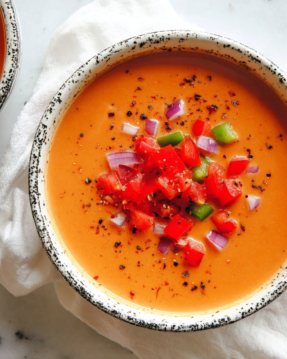 A white bowl holds a smooth, thick tomato soup with a rich orange-red color. On top, there are six large golden-brown croutons, each with a crispy texture and small black pepper flakes sprinkled over them. Thin green basil strips are scattered among the croutons, adding a fresh pop of color. A shiny silver spoon rests inside the bowl, partially submerged in the soup. The bowl sits on a white marbled surface, with part of another bowl just visible in the corner. There is a small piece of crouton on the surface nearby. photo taken with an iphone --ar 4:5 --v 7