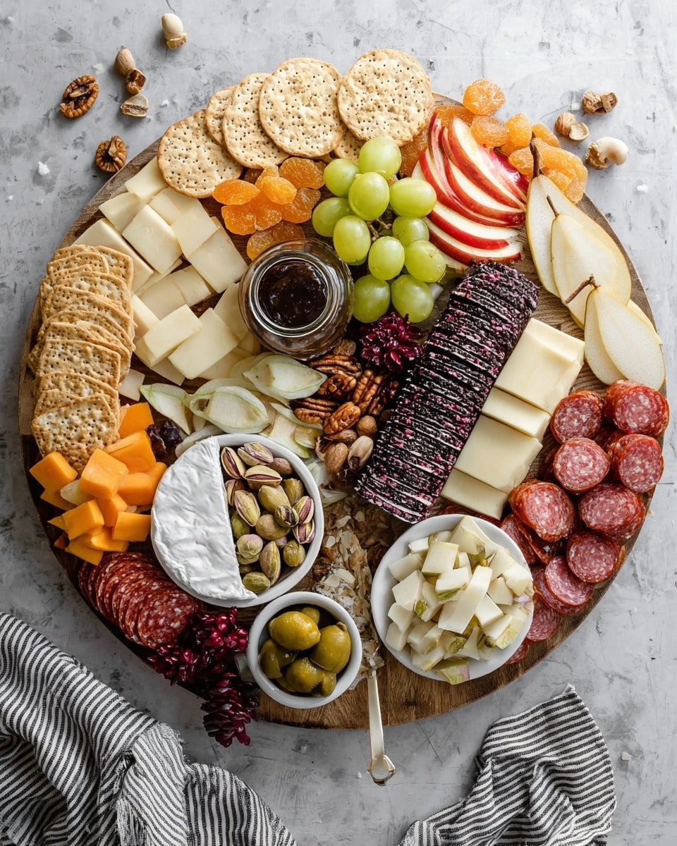 A wooden board filled with layers of food starts with a base of oval-shaped white crackers lined up on the right edge, followed by thin slices of light yellow pear overlapping at the bottom center. Above the pears, there are clusters of crunchy walnut or pecan-like nuts, next to pale pink thin slices of prosciutto folded loosely around a large triangular piece of creamy white brie cheese with a soft rind in the center-left. Above the cheese, light green grapes are clustered tightly, surrounded by medium-sized orange cheese cubes and thin slices of red apples on the top left, along with white crackers placed nearby. To the right of the grapes, small shiny round light-brown pistachios are scattered, and a small glass dish of dark brown jam sits near sliced reddish meat and round white crackers on the far right. The far top right corner has a small block of purple and white cheese. The whole board is on a white marbled surface. photo taken with an iphone --ar 4:5 --v 7