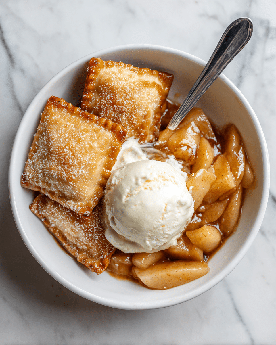A white bowl holds a dessert with three layered parts: on the left are four square, golden-brown fried ravioli with crispy edges and sprinkled with sugar; on the right are soft, caramel-colored cooked apple slices covered in a shiny cinnamon sauce; on top near the apple slices is a round scoop of creamy white vanilla ice cream, slightly melting. A silver spoon rests inside the bowl next to the apple slices. The bowl is placed on a white marbled surface. Photo taken with an iphone --ar 4:5 --v 7