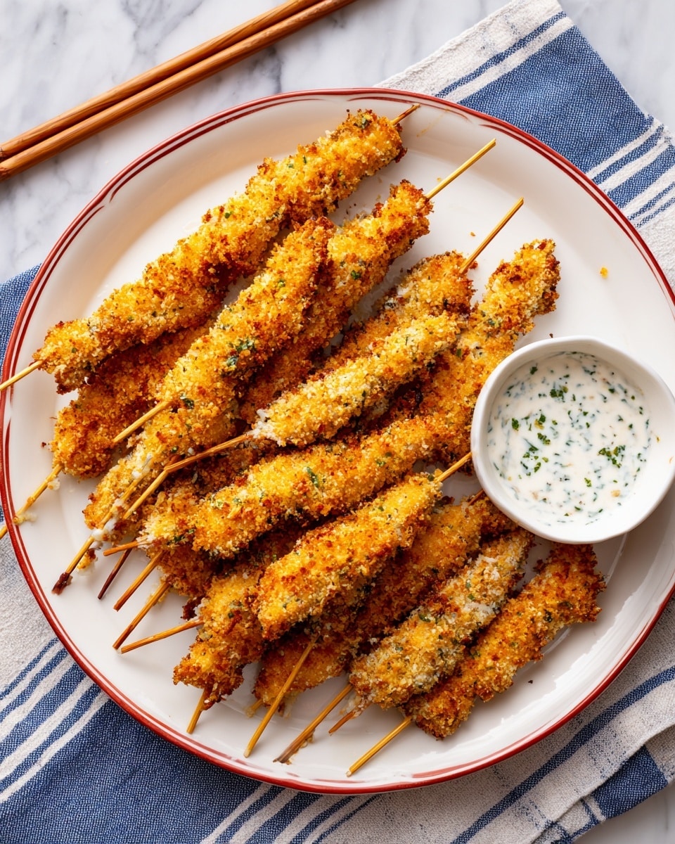 A white plate with red rim is filled with about fifteen crispy breaded skewers, golden brown and crunchy in texture, each skewer laid in a slightly overlapping way creating layers of varying sizes. To the right of the plate, a small white bowl holds a white creamy sauce with specks of green herbs. The scene includes wooden chopsticks at the top left and a blue and white striped cloth draped on a white marbled surface underneath. The overall look is bright and inviting, showing the crunchy details of the skewers. photo taken with an iphone --ar 4:5 --v 7