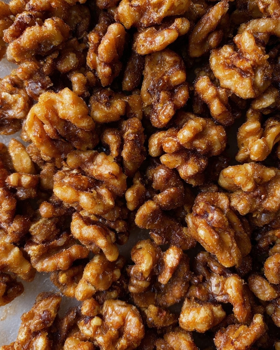 A close-up image of many pieces of candied walnuts scattered evenly, showing their rough, crunchy texture with a caramelized brown color and some areas slightly darker. The nuts appear to have a sugary coating, giving them a shiny and textured surface, with visible nut shapes and crevices. The background is a white marbled texture. photo taken with an iphone --ar 4:5 --v 7